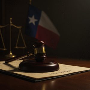 A wooden gavel rests on a resident's medical file on a desk, symbolizing the legal process of a nursing home negligence case in Texas.