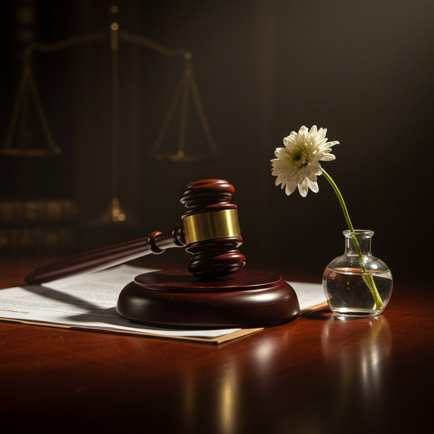 A wooden gavel and a wilted flower on a desk, representing the legal fight for justice in a Houston nursing home abuse case.