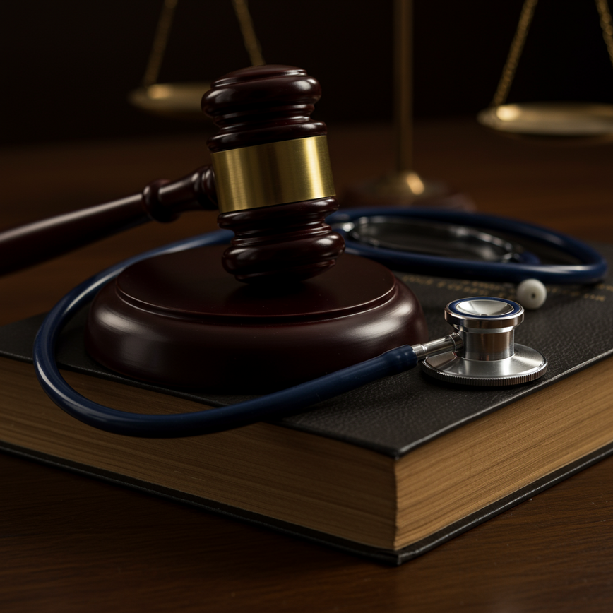 A gavel and a stethoscope rest on a law book, symbolizing the legal process of a medical malpractice claim in Texas.