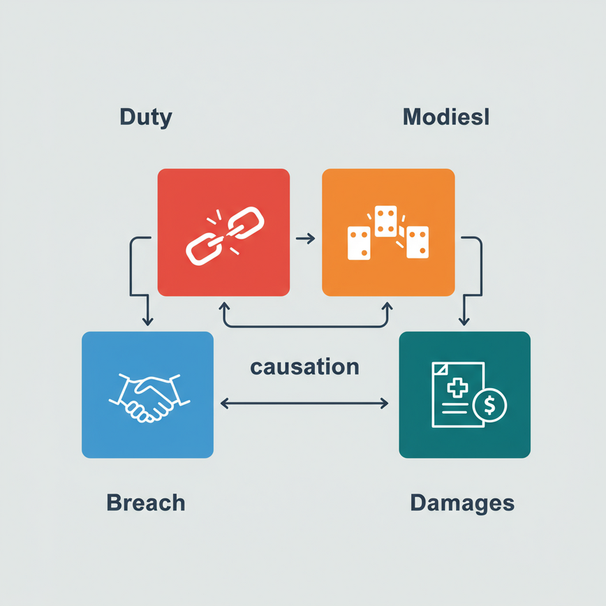 To provide a clear, infographic-style visual that breaks down the four essential legal elements of a medical malpractice claim discussed in the article.