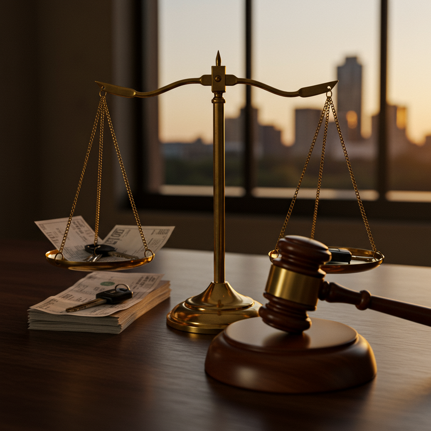 A perfectly balanced scale of justice in an Austin law office, with medical bills on one side and a gavel on the other, symbolizing the fairness of a contingency fee for personal injury cases.