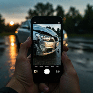 A first-person view of a smartphone taking a clear photo of a cracked headlight on a damaged car, illustrating the importance of documenting evidence after an accident.