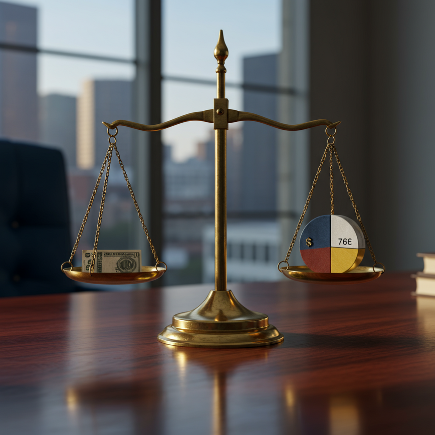 A balanced scale of justice on a lawyer's desk, visually representing a fair personal injury settlement divided into the client's portion and the attorney's contingency fee, with the Houston skyline in the background.
