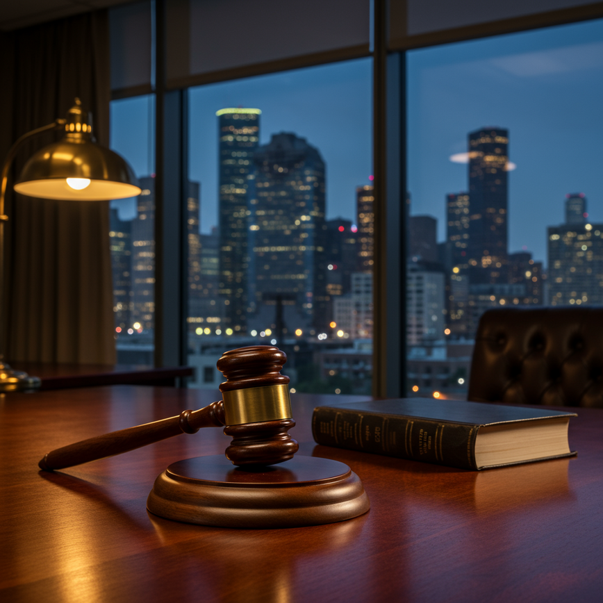 A wooden gavel on a professional desk in a Houston office, symbolizing the legal services offered by a dog bite lawyer.