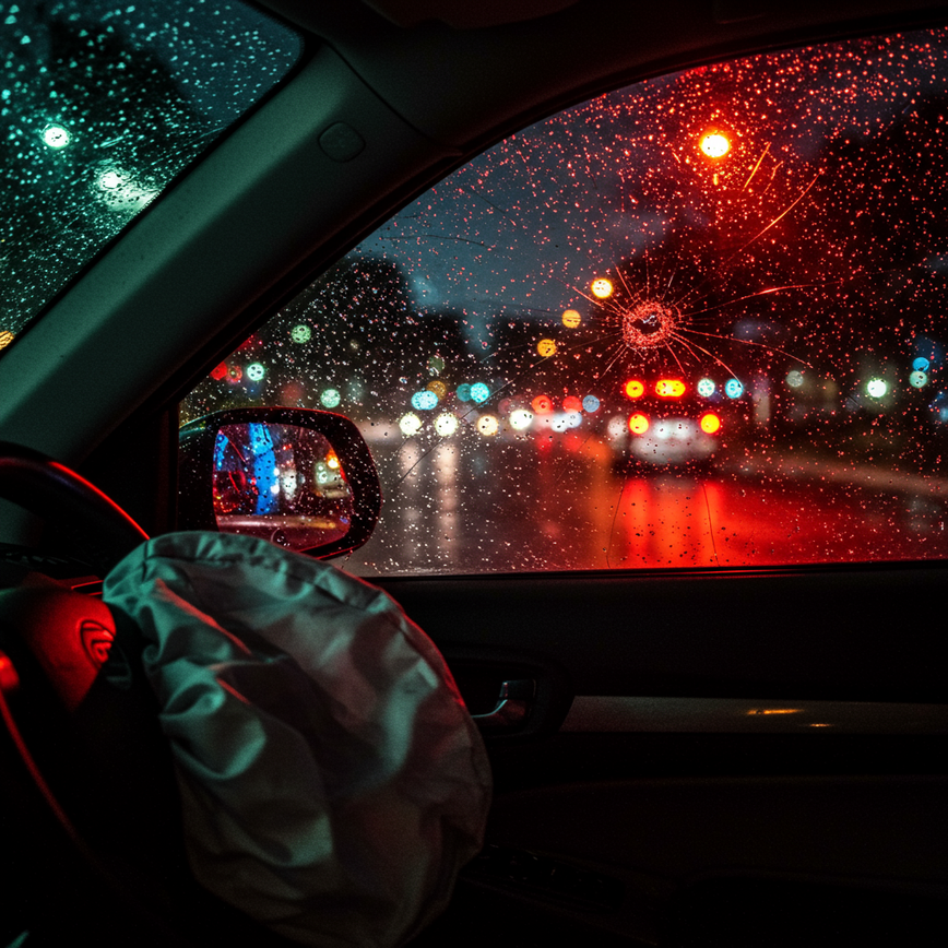 View from the passenger seat after a car accident in Houston, showing a cracked windshield and blurred emergency lights, symbolizing a passenger's disorienting experience.